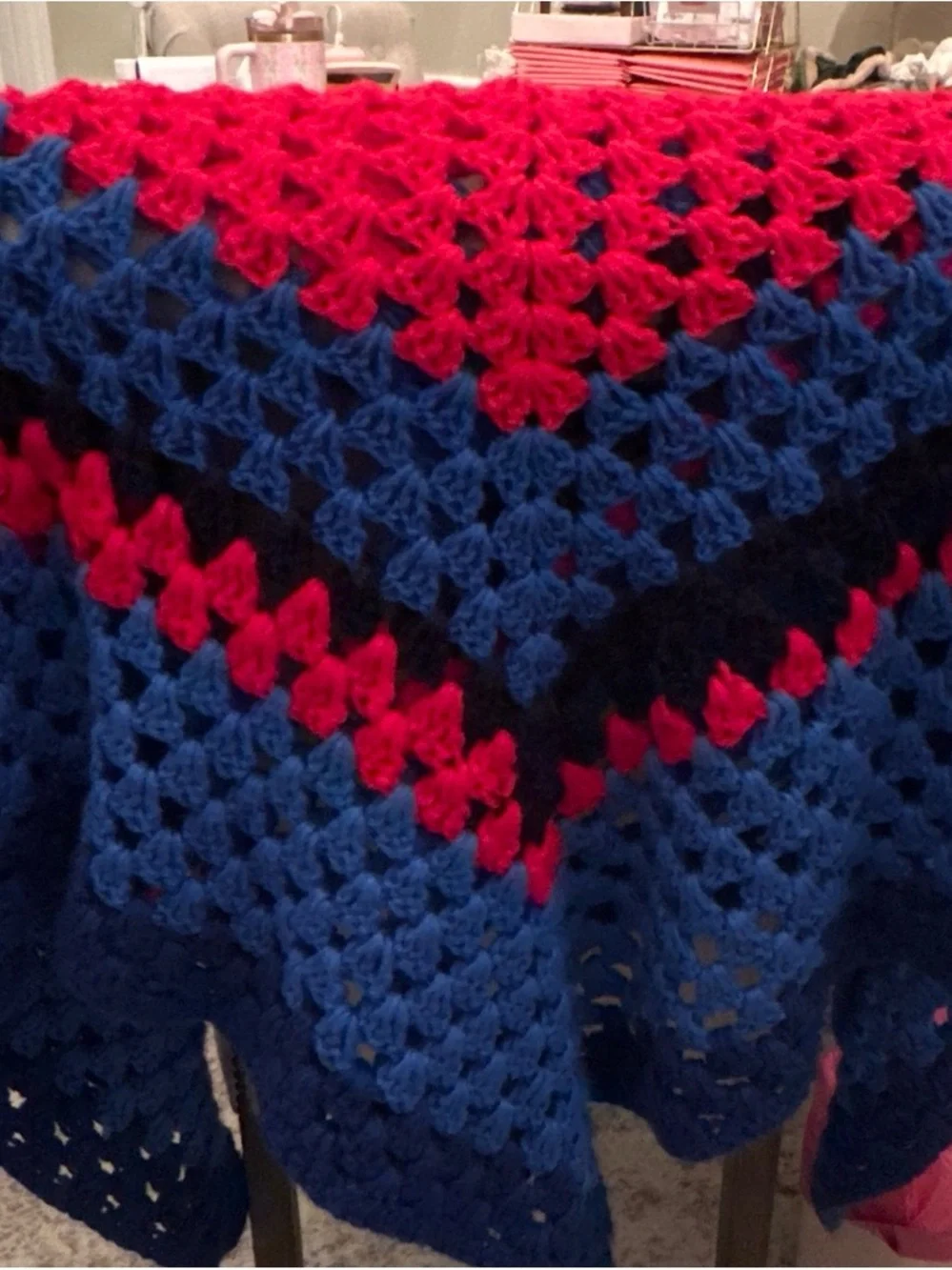 Handmade Red and Blue Crochet Throw Blanket